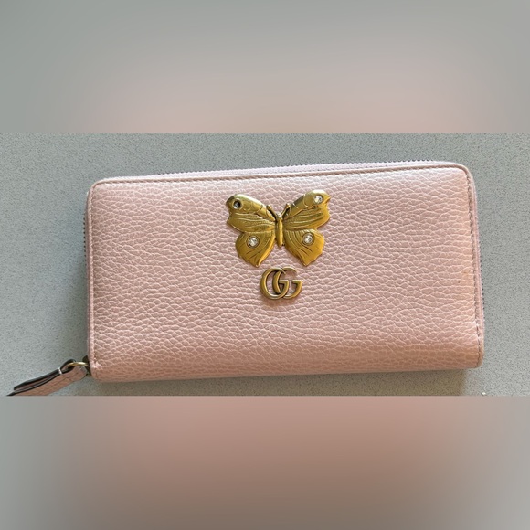 Gucci Handbags - Gucci Farfalla Blush Pink Leather Zip Wallet with Gold Butterfly